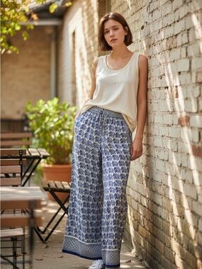 Devi Designs Blue and White Elephant Printed with Elastic Waist Pull On Pants